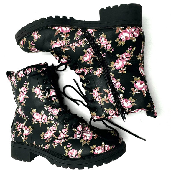 JELLYPOP | Women's 7.5 Black Pink Floral Combat Chunky Heel Ramsey Ankle Boots‎ - Picture 2 of 12